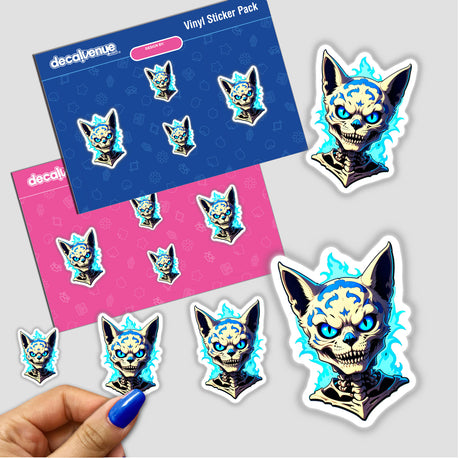 Sticker of 'A Cool Undead Cat Skeleton' featuring a cartoon cat head with skeletal elements and blue eyes, part of Decal Venue's unique vinyl stickers and digital artwork collection.