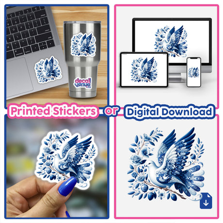 Chinoiserie Dove with Olive Branch stickers and digital artwork, featuring a white bird with blue flowers, displayed on a laptop and cup, highlighting intricate design elements.