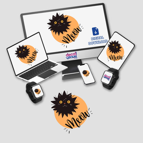 Crazy cat Meow design featuring a black cat with yellow eyes on computer monitor and laptop screens, available as stickers or digital artwork from Decal Venue.