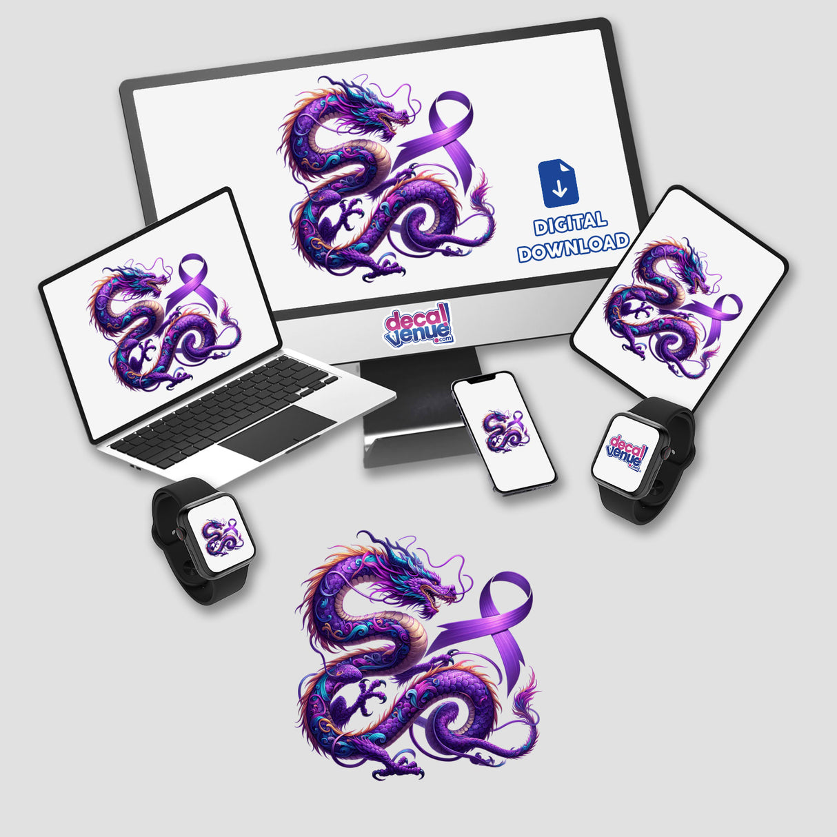 Dragon Lavender Ribbon All Cancers Awareness design displayed on various digital devices, showcasing a purple dragon with a ribbon. Available as stickers or digital artwork from Decal Venue.