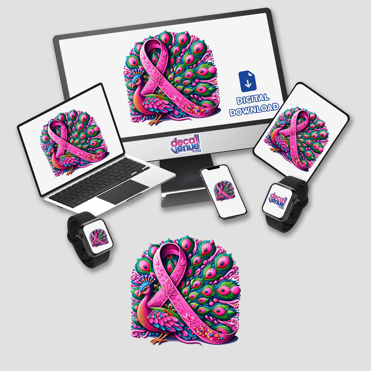 Peacock Pink Ribbon Breast Cancer Awareness design featuring a pink ribbon with peacock feathers on a laptop, tablet, and phone, available as stickers or digital artwork.