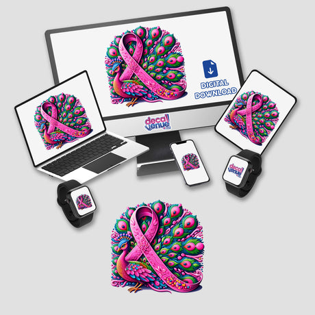 Peacock Pink Ribbon Breast Cancer Awareness design featuring a pink ribbon with peacock feathers on a laptop, tablet, and phone, available as stickers or digital artwork.
