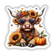 Fall Highland Cow Sunflowers and Pumpkins: A cow wearing sunglasses and a floral scarf, surrounded by sunflowers and pumpkins. Available as stickers or digital artwork.