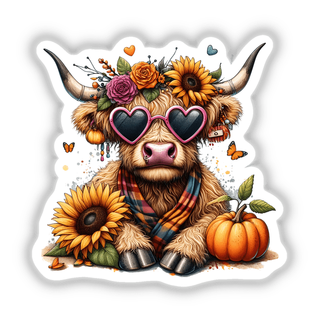 Fall Highland Cow Sunflowers and Pumpkins: A cow wearing sunglasses and a floral scarf, surrounded by sunflowers and pumpkins. Available as stickers or digital artwork.