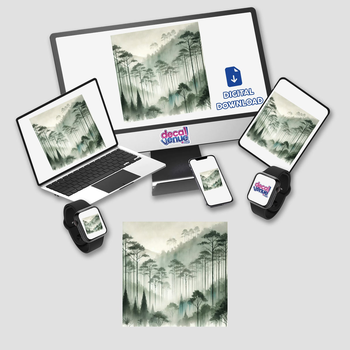 Forest Mystique - Watercolor Trees in Misty Fog depicted on a computer monitor, laptop, tablet, and phone screen, showcasing versatile sticker or digital artwork options.