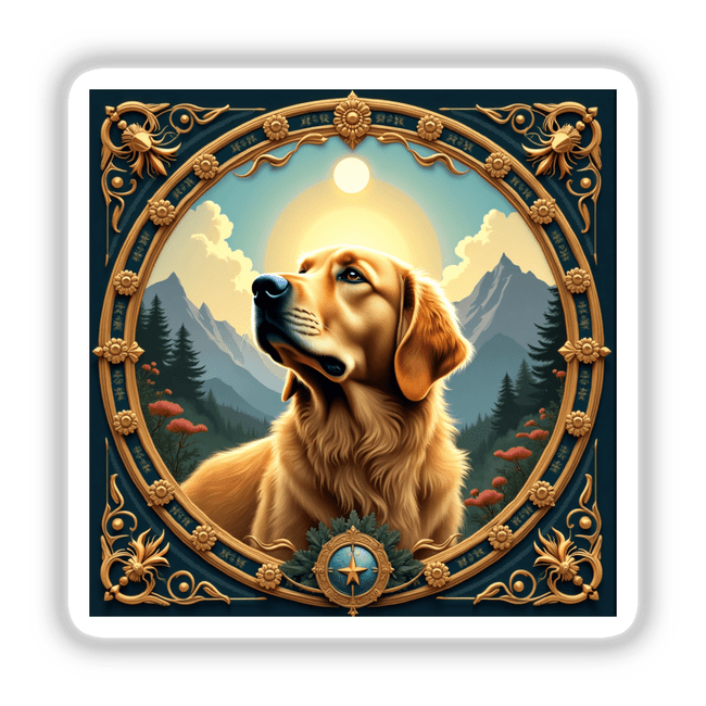 Golden Retriever Clipart - Downloadable Stickers with Commercial Rights; detailed painting of a Golden Retriever in a frame, perfect for creating unique stickers or digital artwork.