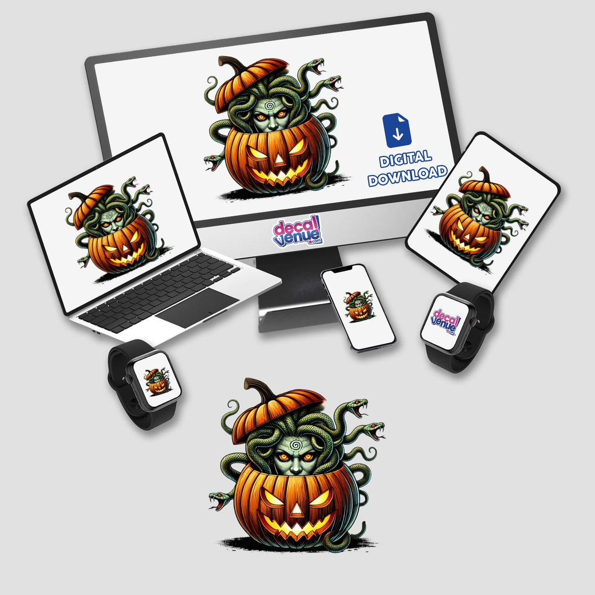 Halloween Medusa Peeking Out of Pumpkin - Unique digital artwork from Decal Venue featuring a spooky and whimsical Medusa character emerging from an orange jack-o'-lantern pumpkin.