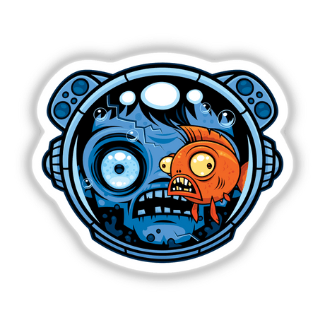 Cartoon depicting a Zombie Astronaut Fishbowl Helmet, featuring a wide-eyed fish within a blue circle, available as unique stickers or digital artwork at Decal Venue.