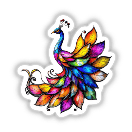 Peacock Stained Glass Style artwork, featuring an intricate peacock design with leaf details, available as stickers or digital art from Decal Venue.