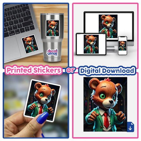 Collage featuring A Macabre Scary Bear cartoon on various devices, available as stickers or digital artwork.
