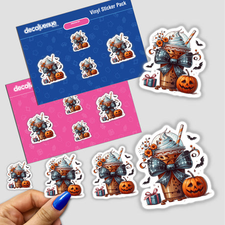 Pumpkin Spice Coquette Fall Bow sticker pack featuring pumpkins, bats, and a cartoon drink with a bow and pumpkin, perfect for seasonal decoration or digital artwork.