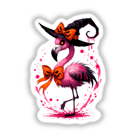 Spooky Halloween Flamingo Bird illustration featuring a pink flamingo wearing a human hat, available as stickers or digital artwork.