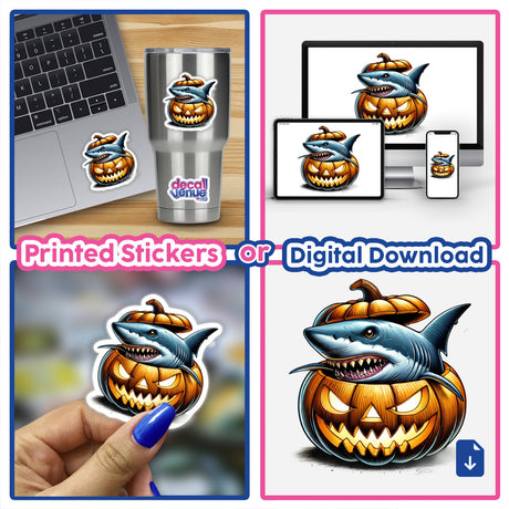 Shark peeking out of carved Halloween pumpkin, available as printed stickers or digital download from Decal Venue, an online store offering unique stickers and digital artwork.