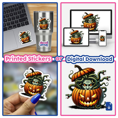Spooky pumpkin-headed monster with snake hair peeking out from an illustrated Halloween scene, available as printed stickers or digital downloads for versatile use.