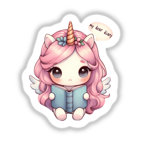 Adorable unicorn sticker featuring a cute, chibi-style character with pink hair, a horn, and wings, holding an open book and saying "My dear diary" in a speech bubble.