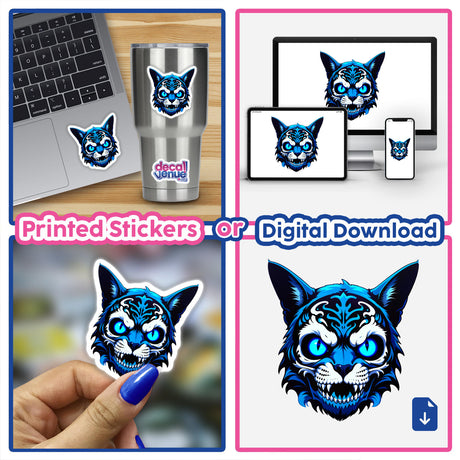 A collage featuring A Cool Undead Cat Skull sticker, showcasing a stylized cat design, visible on laptops and cups, highlighting its unique appeal from Decal Venue's sticker collection.