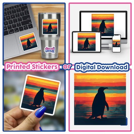 Penguin Silhouette with Bold Horizontal Stripes: A collage featuring a laptop with a penguin silhouette sticker and a close-up of a person's finger applying another penguin sticker.