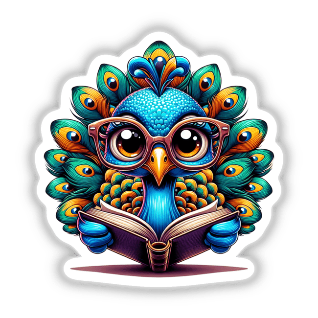 Peacock With Reading Glasses Open Book: A whimsical cartoon of a peacock engrossed in a book, available as unique stickers or digital artwork from Decal Venue.