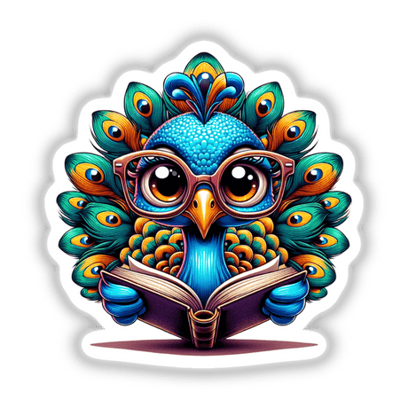 Peacock With Reading Glasses Open Book: A whimsical cartoon of a peacock engrossed in a book, available as unique stickers or digital artwork from Decal Venue.