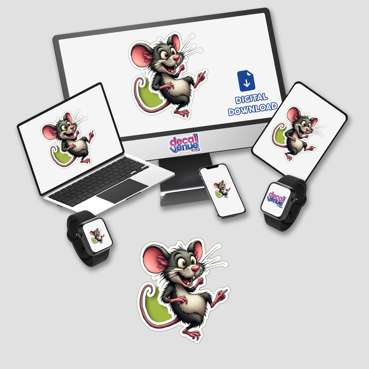 Rato Brincalhão stickers: Computer monitor, laptop, and other devices adorned with playful cartoon mouse illustrations. Available as stickers or digital artwork from Decal Venue.