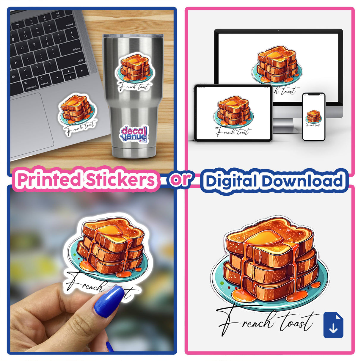 Stacked french toast, a delicious breakfast treat, depicted in colorful digital artwork available as printed stickers or digital downloads from the Decal Venue store for expressing personal style.