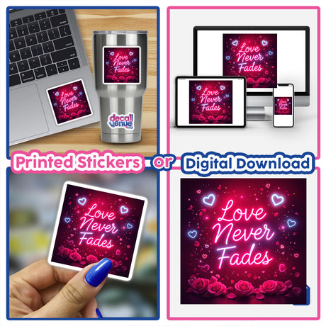Love Never Fades Elegant Neon Design features in a collage, showcasing its versatility as both stickers and digital artwork, ideal for laptops, phones, and more.