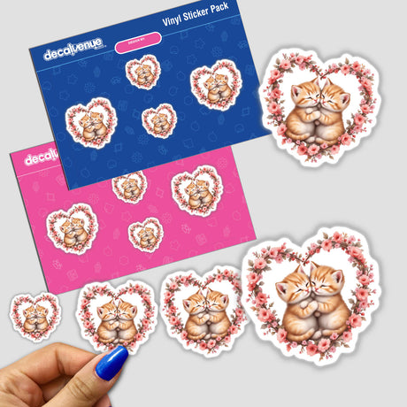 Snuggling Kittens on a Heart Wreath: Vinyl sticker featuring two kittens embraced in a heart-shaped floral frame, capturing warmth and charm, ideal for cat enthusiasts and personalizing belongings.