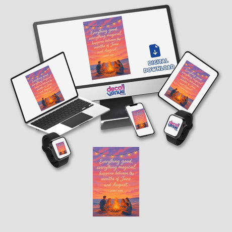 Everything Magical Summer Quote Sticker or Clipart features a vibrant scene of people around a campfire, available as stickers or digital artwork, from Decal Venue's unique collection.