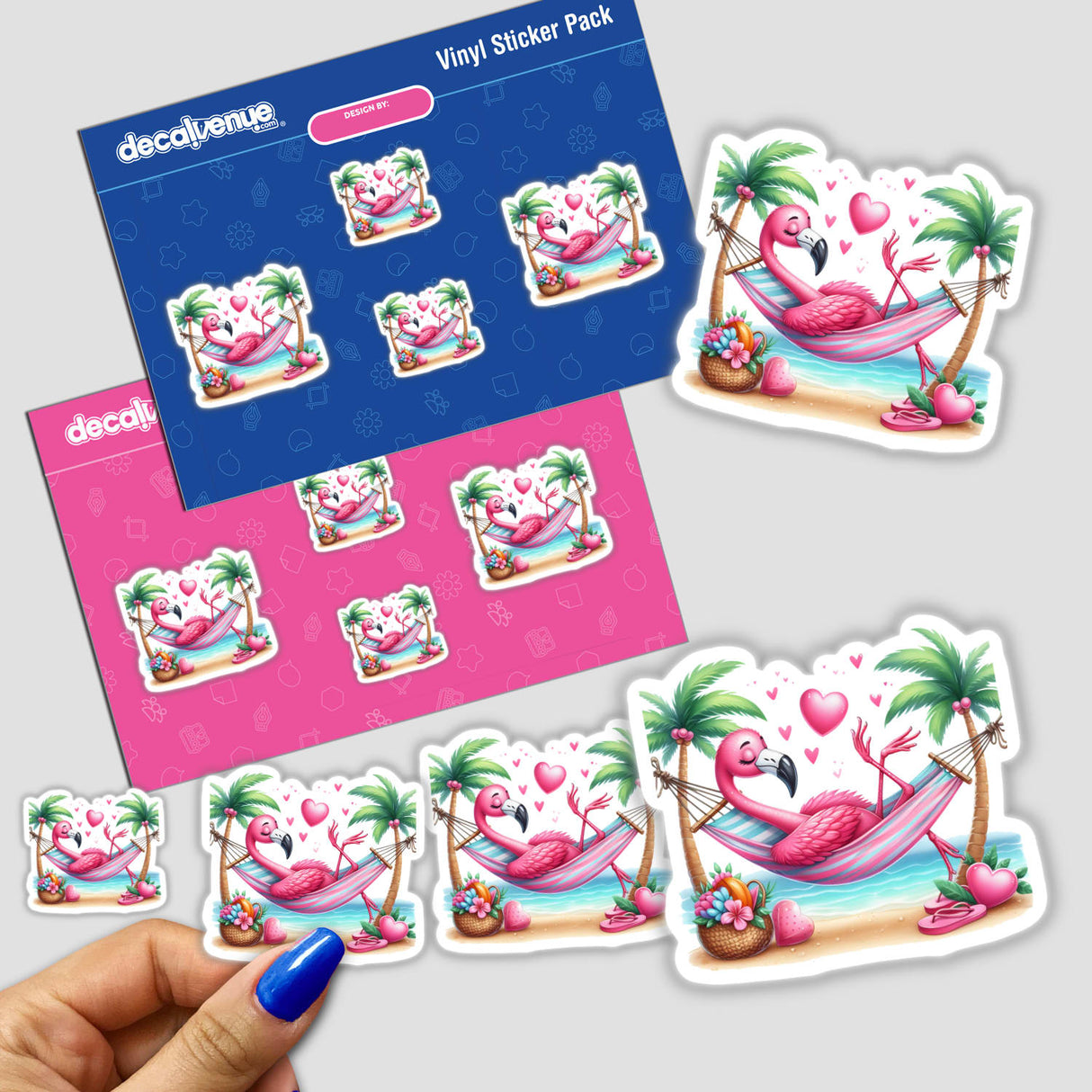 Sleeping flamingo bird relaxing in a hammock with palm trees and tropical decor in a digital artwork sticker pack from Decal Venue.