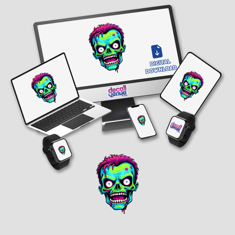A Cool Neon Punk Zombie Skull displayed on digital devices, featuring cartoonish zombie faces available as stickers or digital artwork.