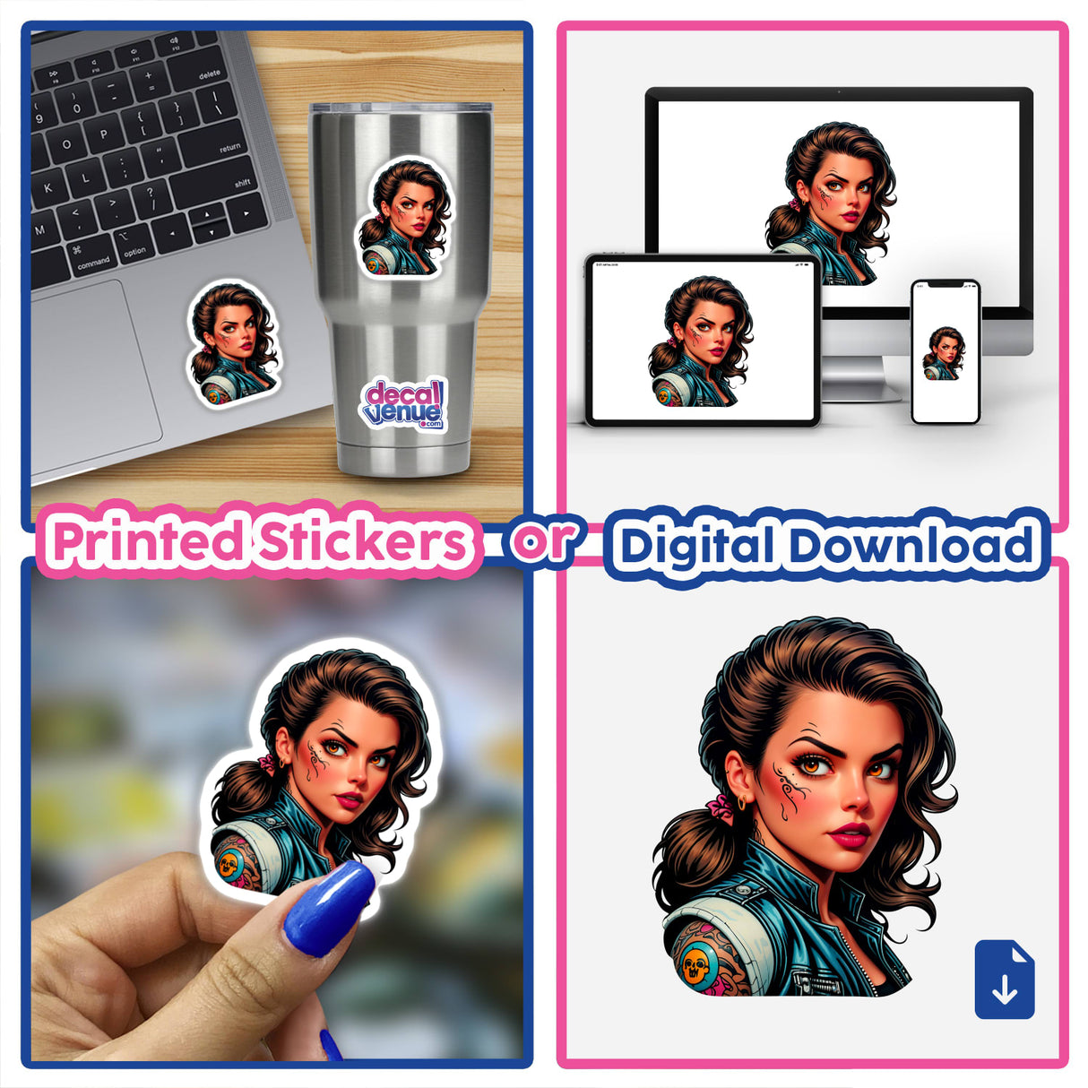 A collage featuring A Pretty Biker Girl With Tattoos as stickers and digital artwork, showcasing detailed tattoos on a woman with brown hair, highlighting Decal Venue's unique vinyl sticker collection.
