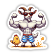 Flexing Muscular Goat and Chickie cartoon featuring a goat in sunglasses flexing alongside a cartoon chicken. Available as stickers or digital artwork from Decal Venue.