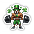 Cartoon of a muscular dog lifting a barbell, titled Irish Leprechaun Workout Pitbull Dog, available as stickers or digital artwork from Decal Venue.