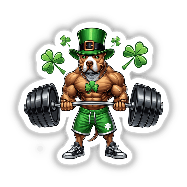 Cartoon of a muscular dog lifting a barbell, titled Irish Leprechaun Workout Pitbull Dog, available as stickers or digital artwork from Decal Venue.