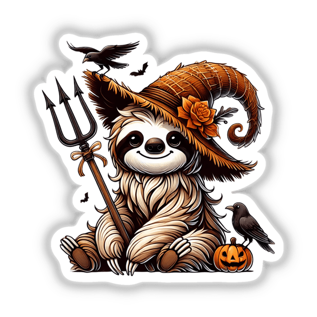 Halloween Sloth with Pitchfork: A cartoon sloth wearing a hat, holding a trident, surrounded by whimsical illustrations including birds and a pumpkin with a face. Available as stickers or digital artwork.