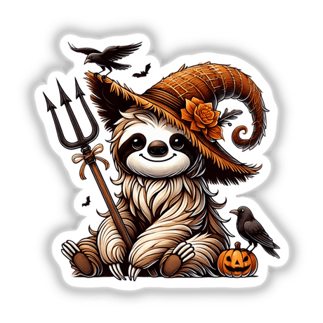 Halloween Sloth with Pitchfork: A cartoon sloth wearing a hat, holding a trident, surrounded by whimsical illustrations including birds and a pumpkin with a face. Available as stickers or digital artwork.