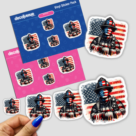 Patriotic American firefighter stickers with USA flag design, showcasing the heroic profession against a grunge-style American flag backdrop.