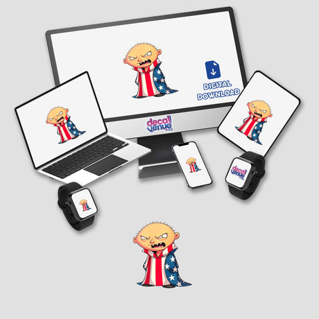 A laptop displays A Funny Guy With An American Flag, a cartoon character in a red, white, and blue robe, available as stickers or digital artwork.