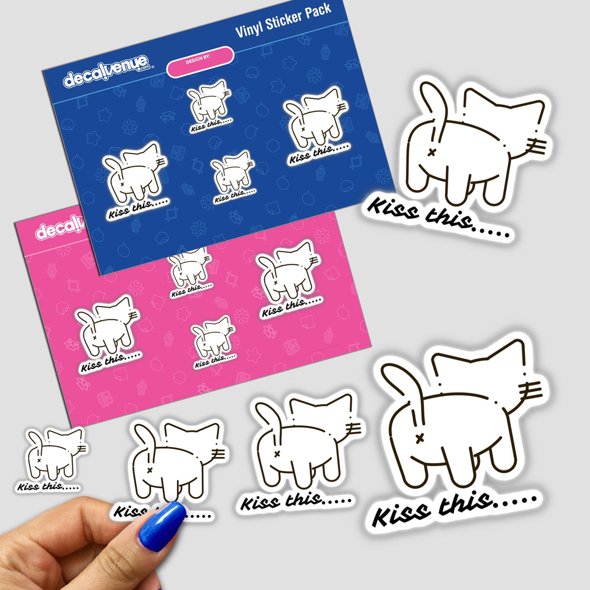 Kiss This sticker pack features whimsical cartoon cats, perfect for adding playful charm to any surface.