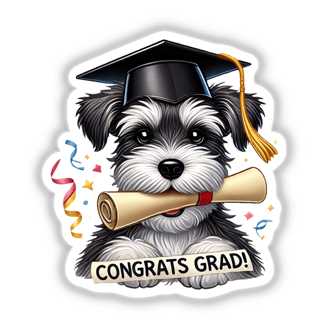 Cute Schnauzer Graduation Dog with Cap and Diploma – Fun Congrats Graduate depicted as a cartoon, available as stickers or digital artwork, showcasing a joyful dog in academic attire.