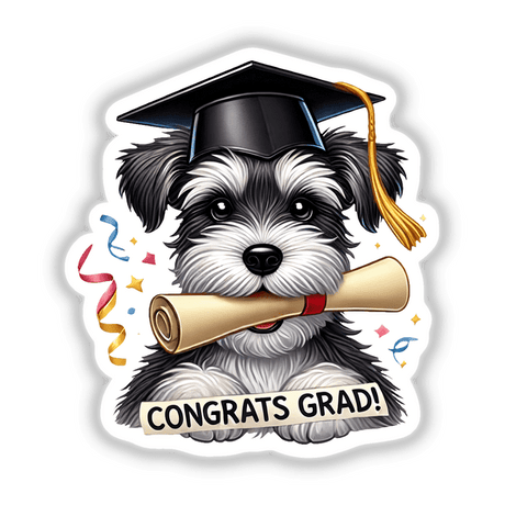 Cute Schnauzer Graduation Dog with Cap and Diploma – Fun Congrats Graduate depicted as a cartoon, available as stickers or digital artwork, showcasing a joyful dog in academic attire.