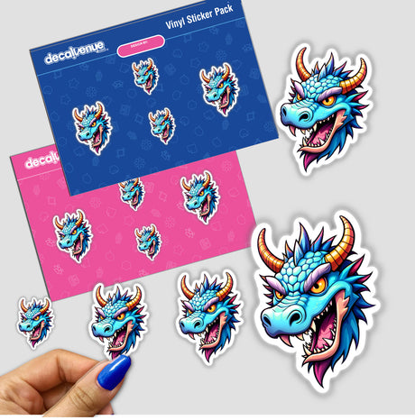 Sticker pack featuring A Cool Fantasy Dragon, showcasing a cartoon dragon with horns in various designs. Seen held in a hand, suitable as both stickers and digital artwork.