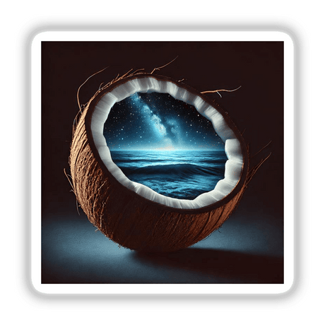 Celestial Waters Starry Night Inside a Coconut design featuring a coconut with a surreal ocean and night sky view, available as stickers or digital art from Decal Venue.