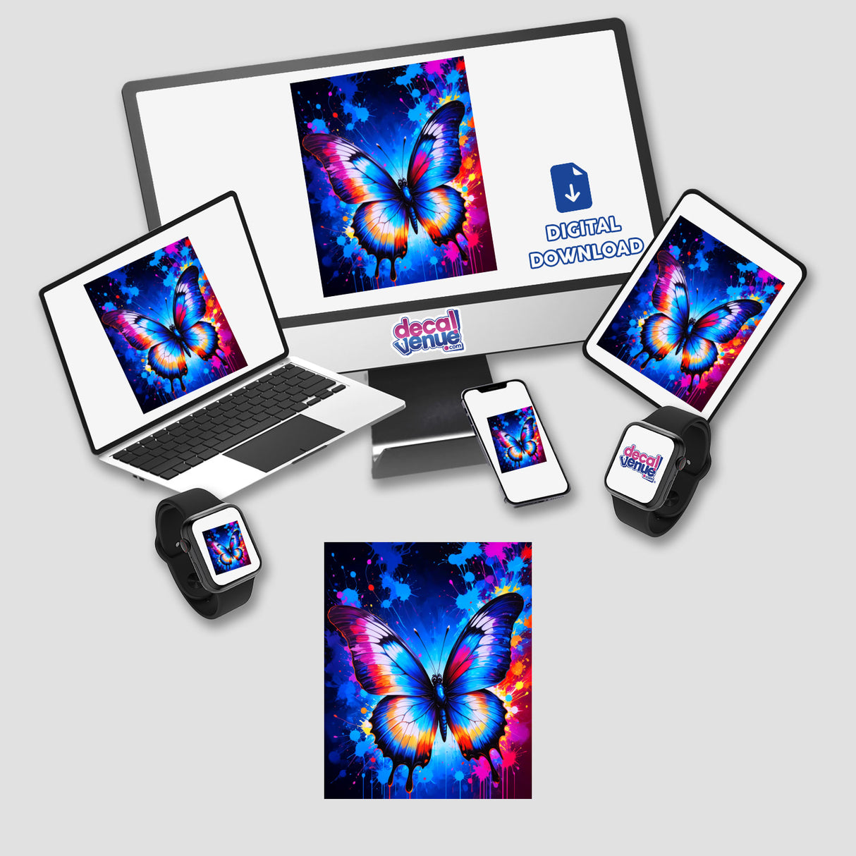 A Pretty Colorful Butterfly displayed on various electronic screens, available as vibrant stickers or digital artwork, showcasing Decal Venue's unique vinyl art collection.