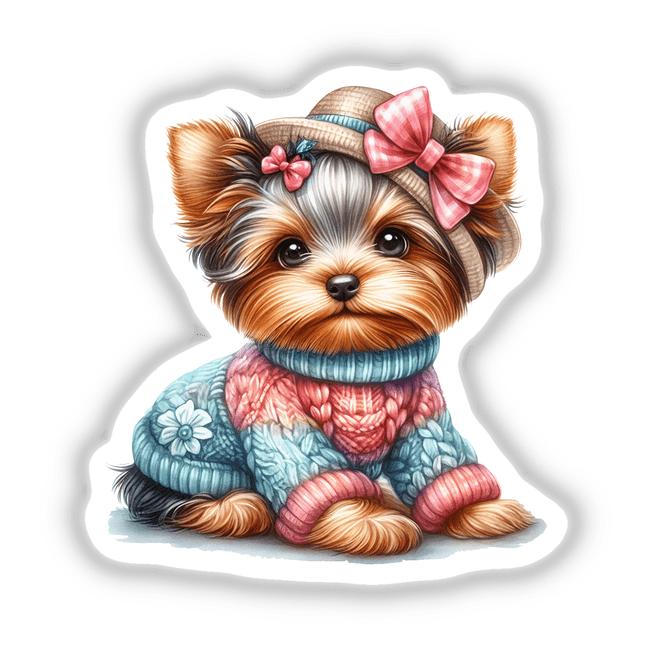 Yorkie Dog in Knit Sweater and Hat