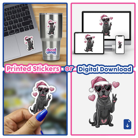 Christmas Santa Pitbull Dog Peace Sign II sticker features a playful dog in sunglasses and a Santa hat, embodying festive spirit. Perfect as a unique sticker or digital artwork from Decal Venue.