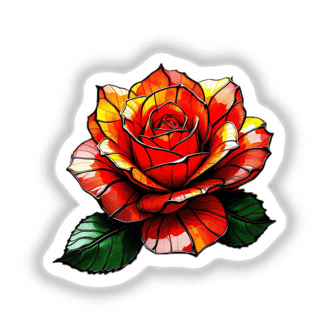 Beautiful Rose Stained Glass Style sticker or digital artwork, featuring a detailed close-up of a rose and leaf design, embodying unique artistic flair from Decal Venue.