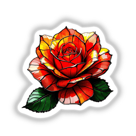 Beautiful Rose Stained Glass Style sticker or digital artwork, featuring a detailed close-up of a rose and leaf design, embodying unique artistic flair from Decal Venue.