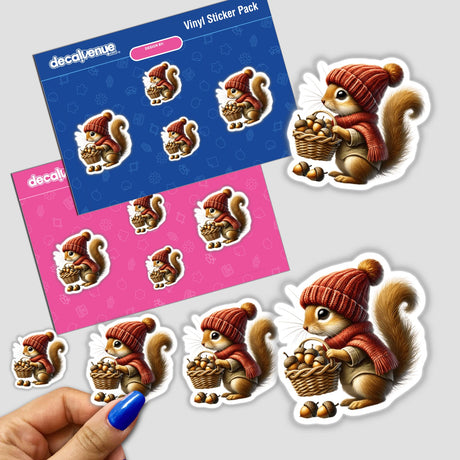 Sticker pack featuring cartoon squirrel gnomes with acorn baskets from DecalVenue, ideal for DIY crafts or holiday projects.