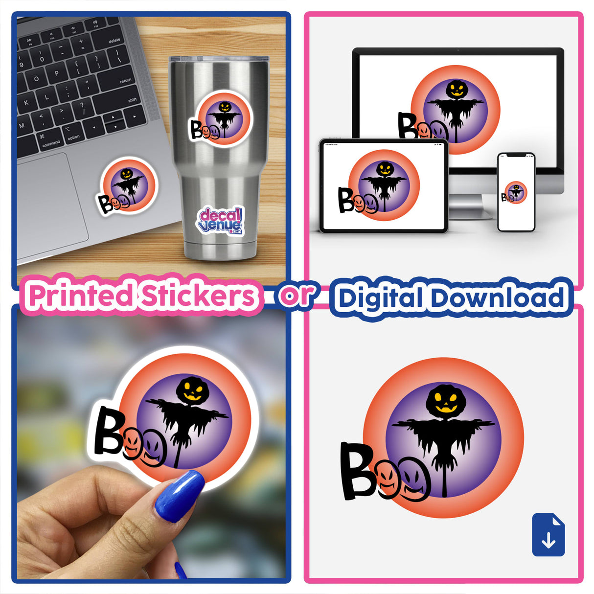 Collage of a laptop with a Boo sticker, a close-up of a hand holding a Boo sticker, and a scarecrow logo.